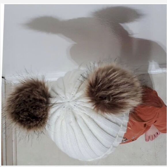 New Double Pompoms Beanie Hat Toddler Kid Cream Chunky Knit - Picture 9 of 14